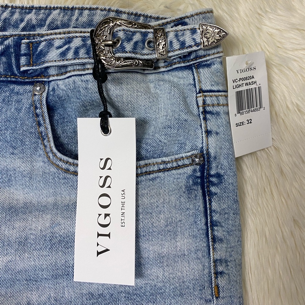Vigross Frankie Slim Straight Leg Buckle Belt Detailed Cropped Jeans, Size 32 - Picture 5 of 10